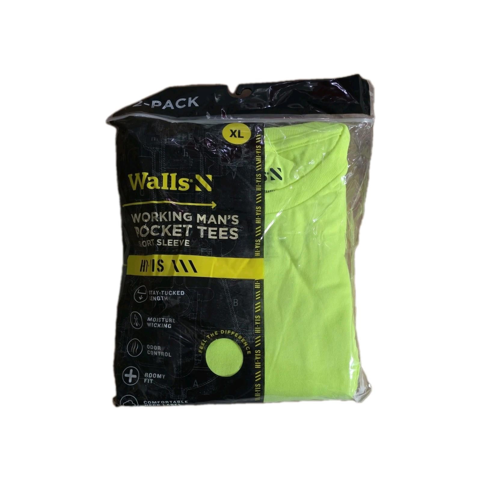 Walls Short Sleeve Working Man's Pocket Tees X-LARGE Hi Visible Yellow 2 Pack