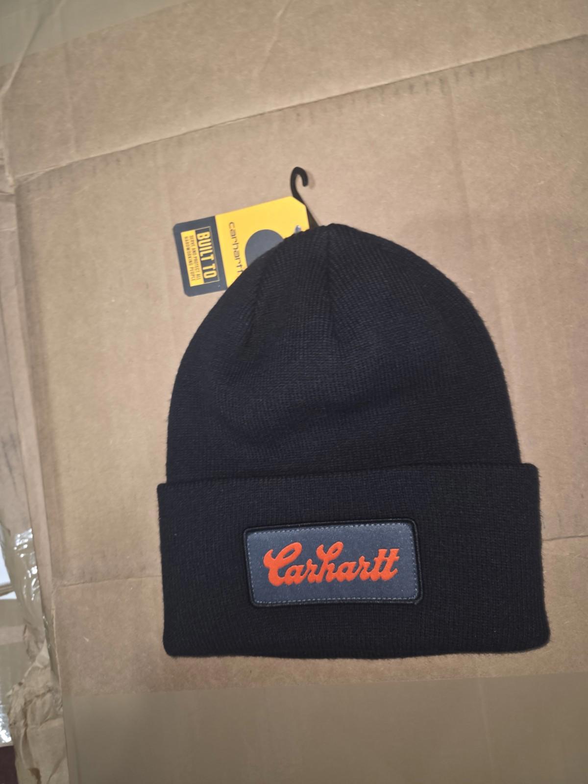 New Carhartt Men’s Knit Beanie Hat Black Dark Orange Script Logo One Size